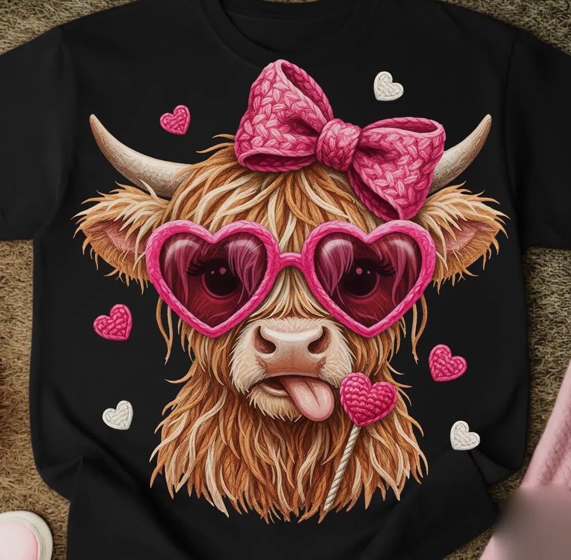 Valentine Highland Cow Faux Yarn Heart Eyes Tee/Sweatshirt