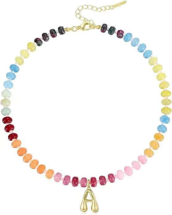 Golden Initial Rainbow Beaded Necklace