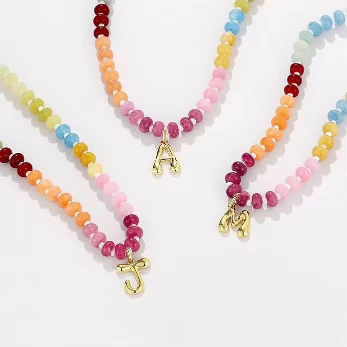 Golden Initial Rainbow Beaded Necklace
