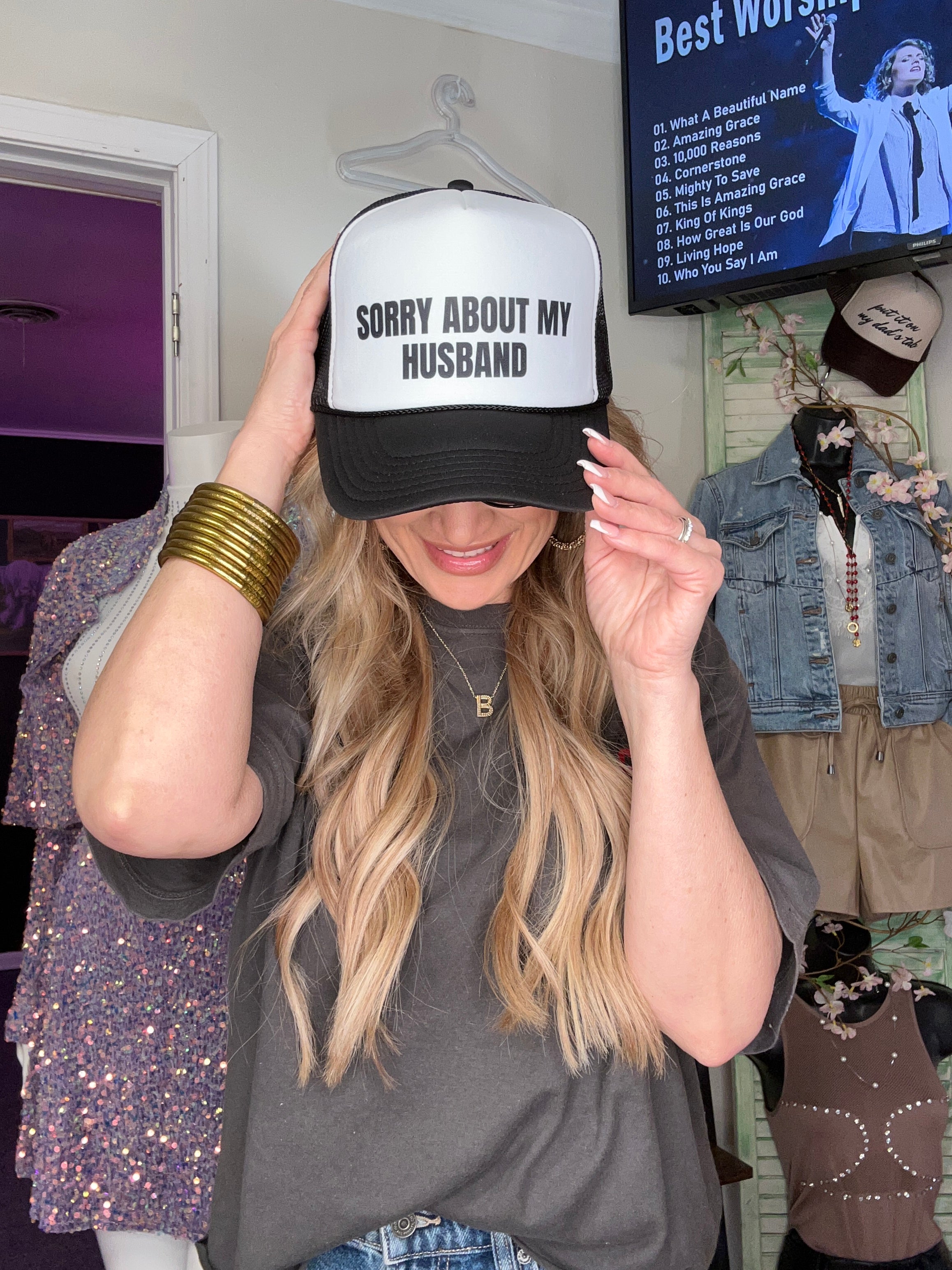 SORRY ABOUT MY HUSBAND TRUCKER HAT