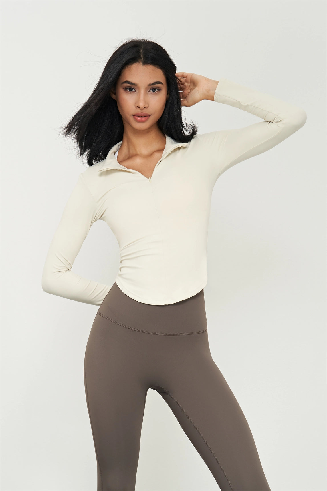 Yara Long Sleeve Zipper Polo Athletic Top - Ivory