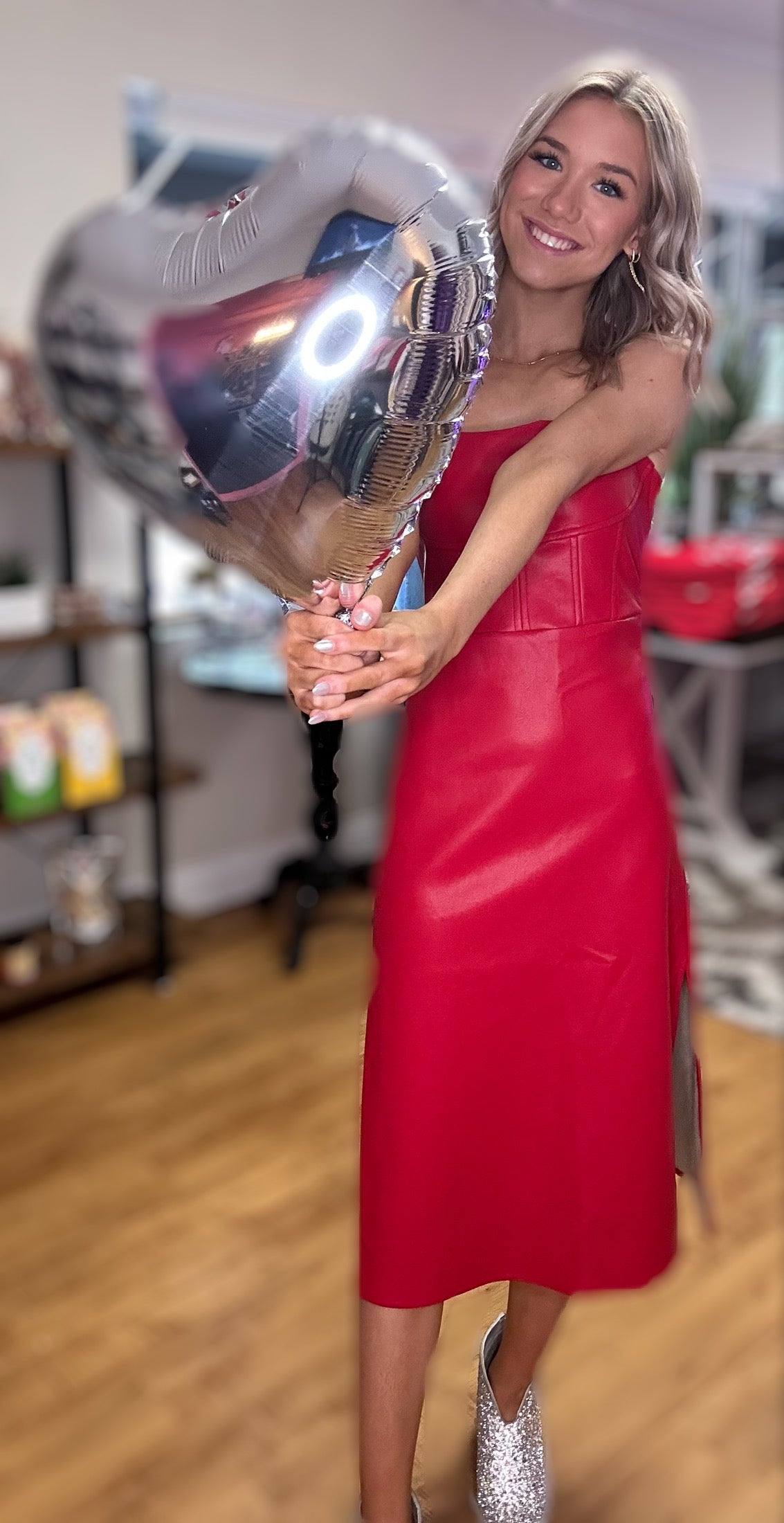 LADY IN RED LEATHER MIDI DRESS