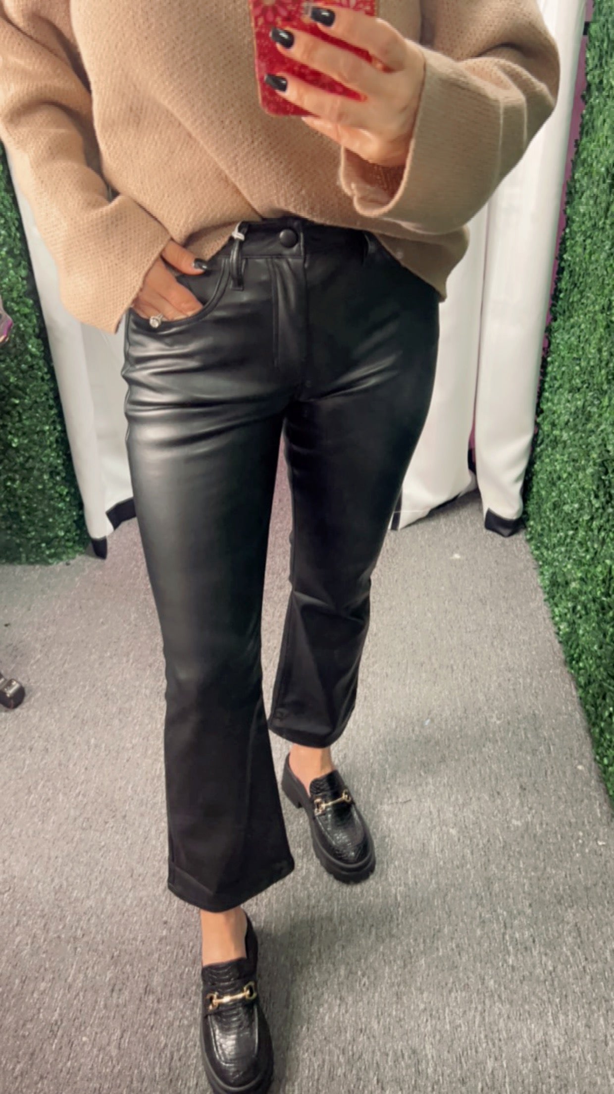 JEANNE SUPER HIGH RISE CROPPED FLARE VEGAN LEATHER PANTS IN BLACK